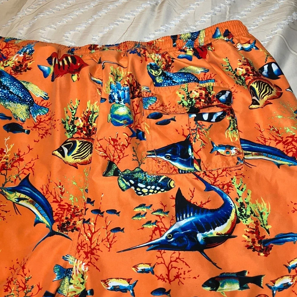 Island Shores Mens 5XL Swim Trunks Orange Tropical Fish Coral Cargo Pockets